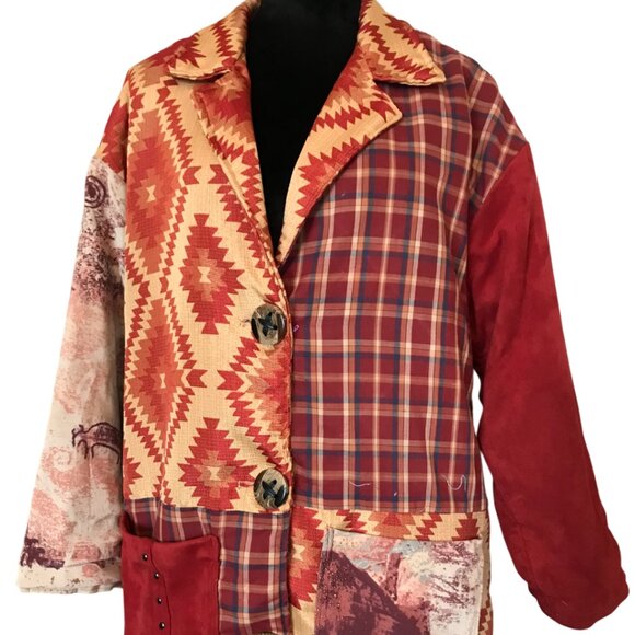 Upcycled Tapestry Coat M - L: Handmade Lined Southwestern Aztec Patchwork Jacket - Picture 13 of 16
